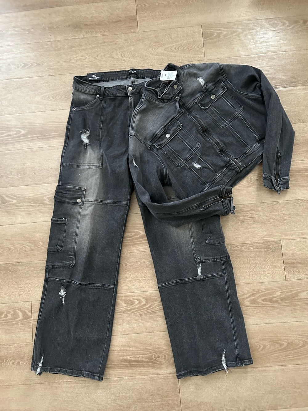 American Bazi Distressed Cargo Denim Fit Black Distressed Pant Set